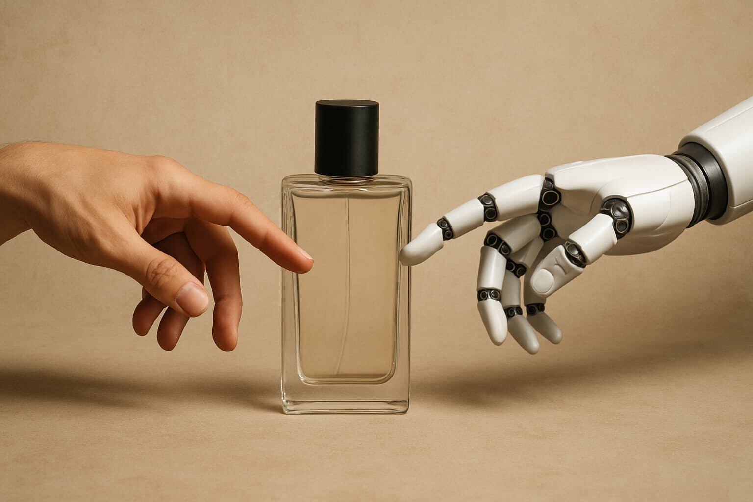 Perfume en el centro de una imagen horizontal, con una mano humana a la izquierda y una mano robótica a la derecha, ambas acercándose sin tocarse, inspiradas en "La creación de Adán" de Miguel Ángel.