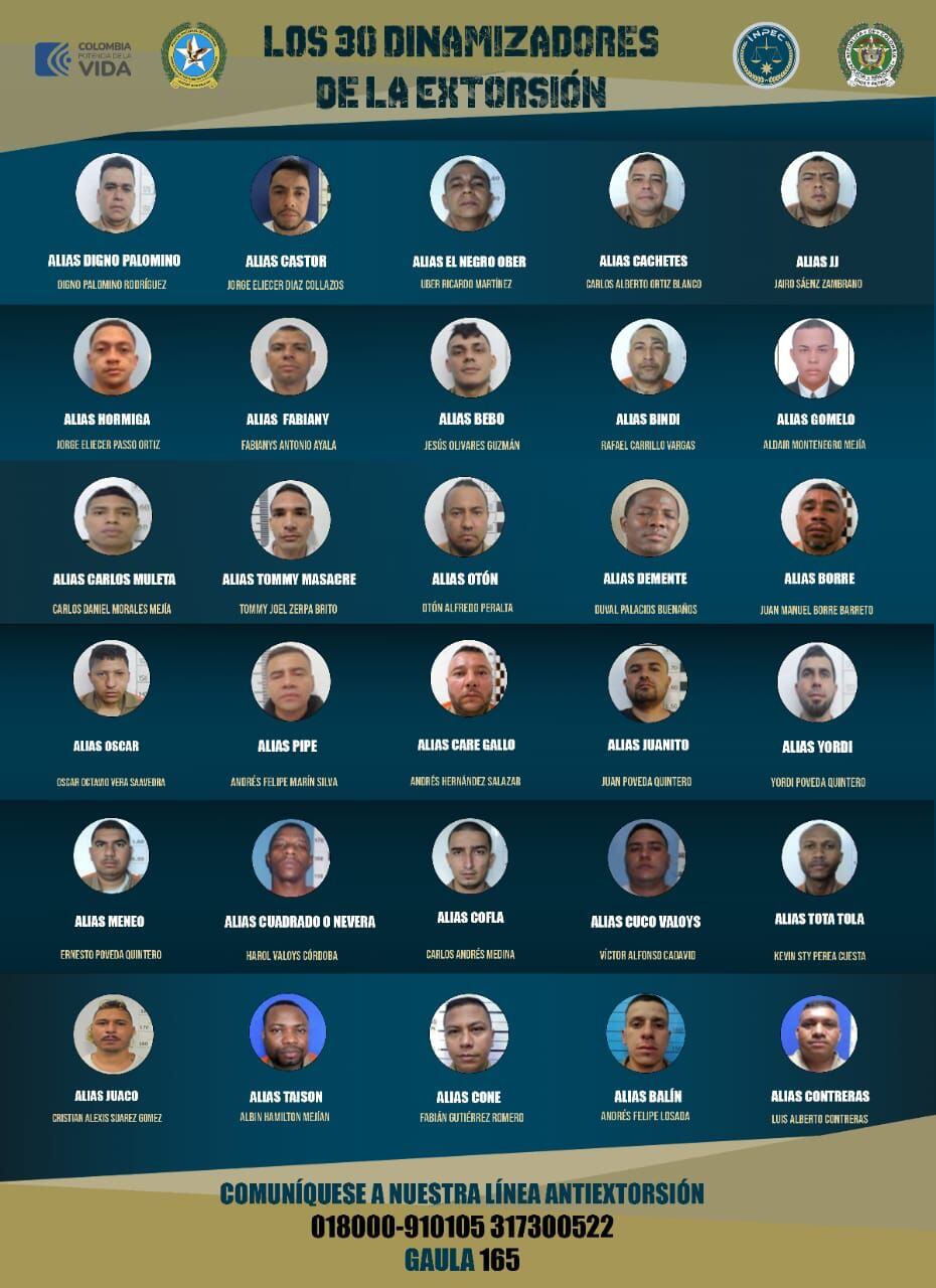 El Inpec reveló la lista de los 30 internos que ejecutan acciones de extorsión desde las cárceles.