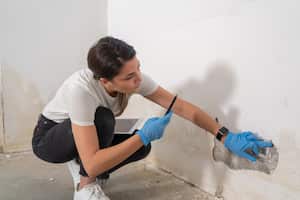 Insurance Inspector Taking Photo Of Damaged Building Wall