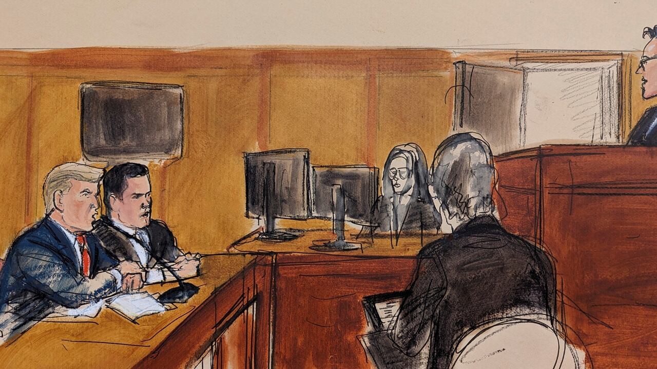 Ilustración de la audiencia contra Donald Trump, el 4 de abril de 2023.