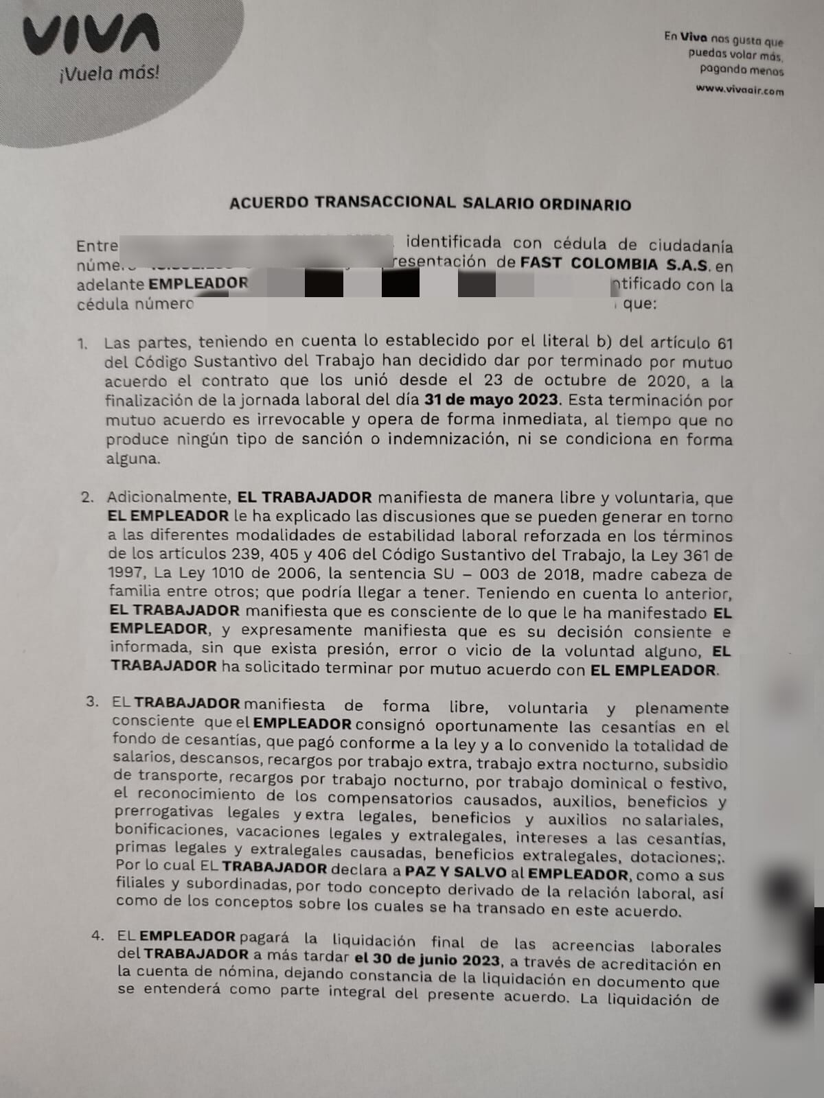 El acuerdo que habrían firmado la mayoría de trabajadores de Viva Air.