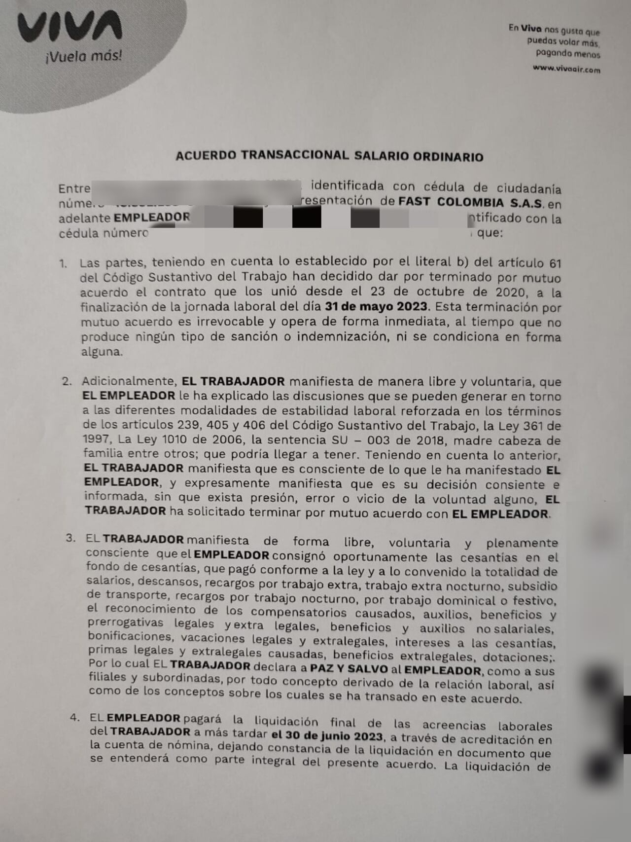 El acuerdo que habrían firmado la mayoría de trabajadores de Viva Air.