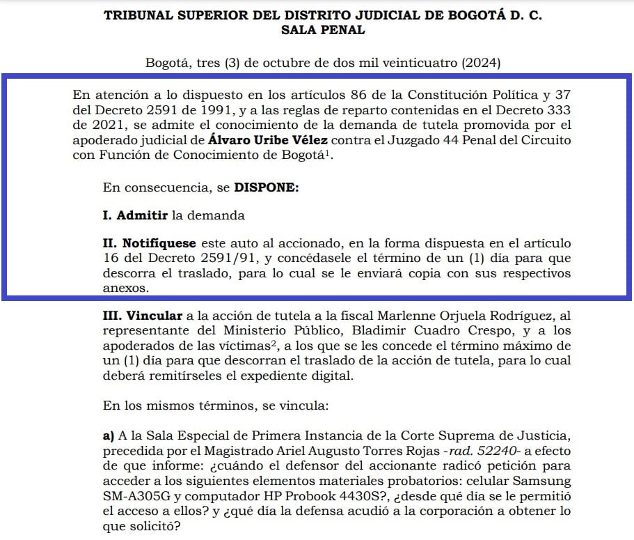 Tribunal admitió demanda del expresidente Álvaro Uribe Vélez contra la jueza 44 de conocimiento de Bogotá.