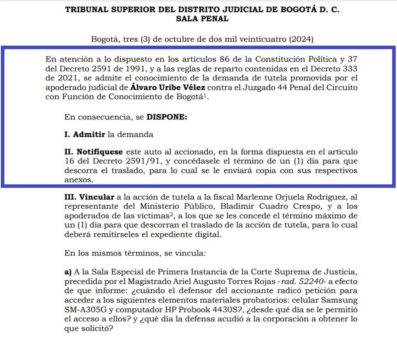 Tribunal admitió demanda del expresidente Álvaro Uribe Vélez contra la jueza 44 de conocimiento de Bogotá.