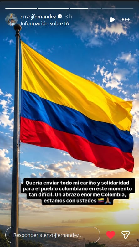 Enzo Fernández envió mensaje de apoyo a Colombia por el terremoto vivido