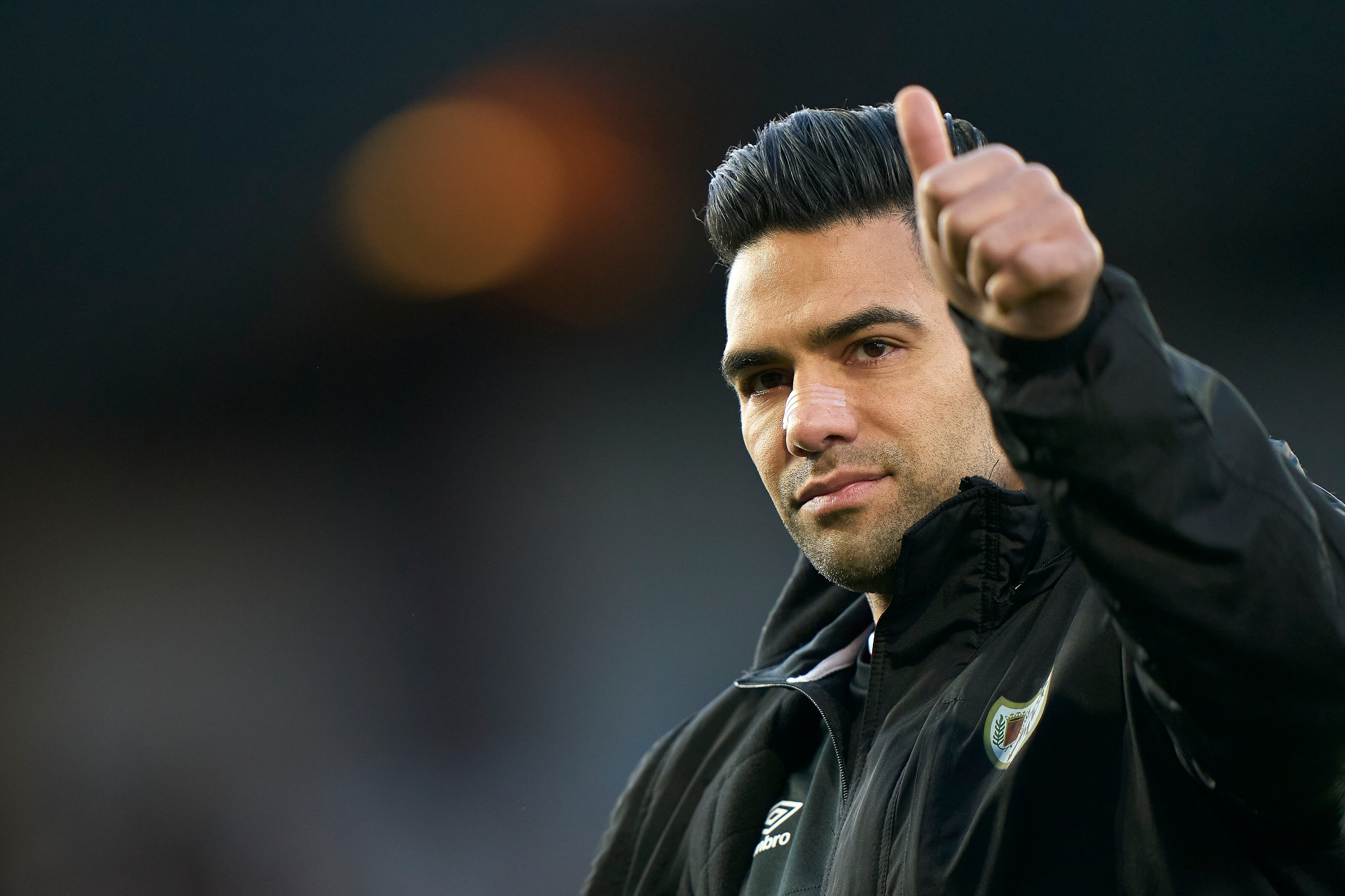 VIGO, SPAIN - FEBRUARY 05:  Radamel Falcao of Rallo Vallecano reacts prior to the La Liga Santander match between RC Celta de Vigo and Rayo Vallecano at Abanca Balaidos Stadium on February 5, 2022 in Vigo, Spain. (Photo by Jose Manuel Alvarez/Quality Sport Images/Getty Images)
