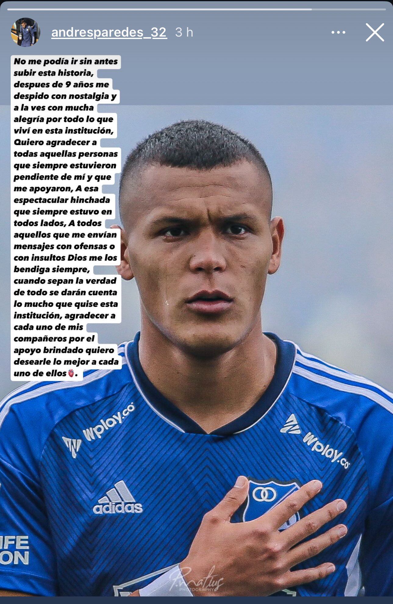 Mensaje de despedida de Luis Paredes, en Millonarios