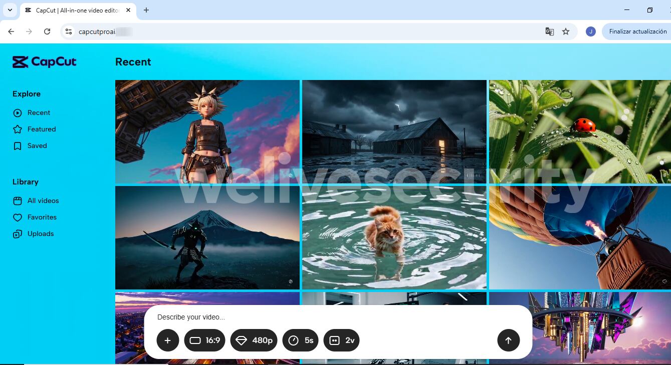 Según ESET, el sitio "capcutproia" se presenta como una herramienta de creación de videos con IA, engañando a los usuarios con su diseño similar al original.
