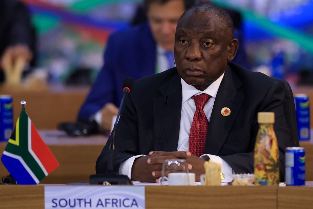 RIO DE JANEIRO, BRAZIL - NOVEMBER 18: Cyril Ramaphosa president of South Africa looks on during the first working session as part of the G20 Summit 2024 at Museu de Arte Moderna on November 18, 2024 in Rio de Janeiro, Brazil. The 2024 G20 Summit takes place in Brazil for the first time. The event gathers leaders of the most important economies. Starvation, sustainable development and social inclusion are some of the issues to be during the summit. (Photo by Buda Mendes/Getty Images)