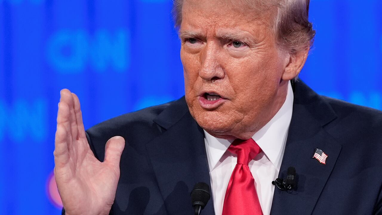 Republican presidential candidate former President Donald Trump gestures during a presidential debate with Joe Biden, Thursday, June 27, 2024, in Atlanta. (AP Photo/Gerald Herbert)