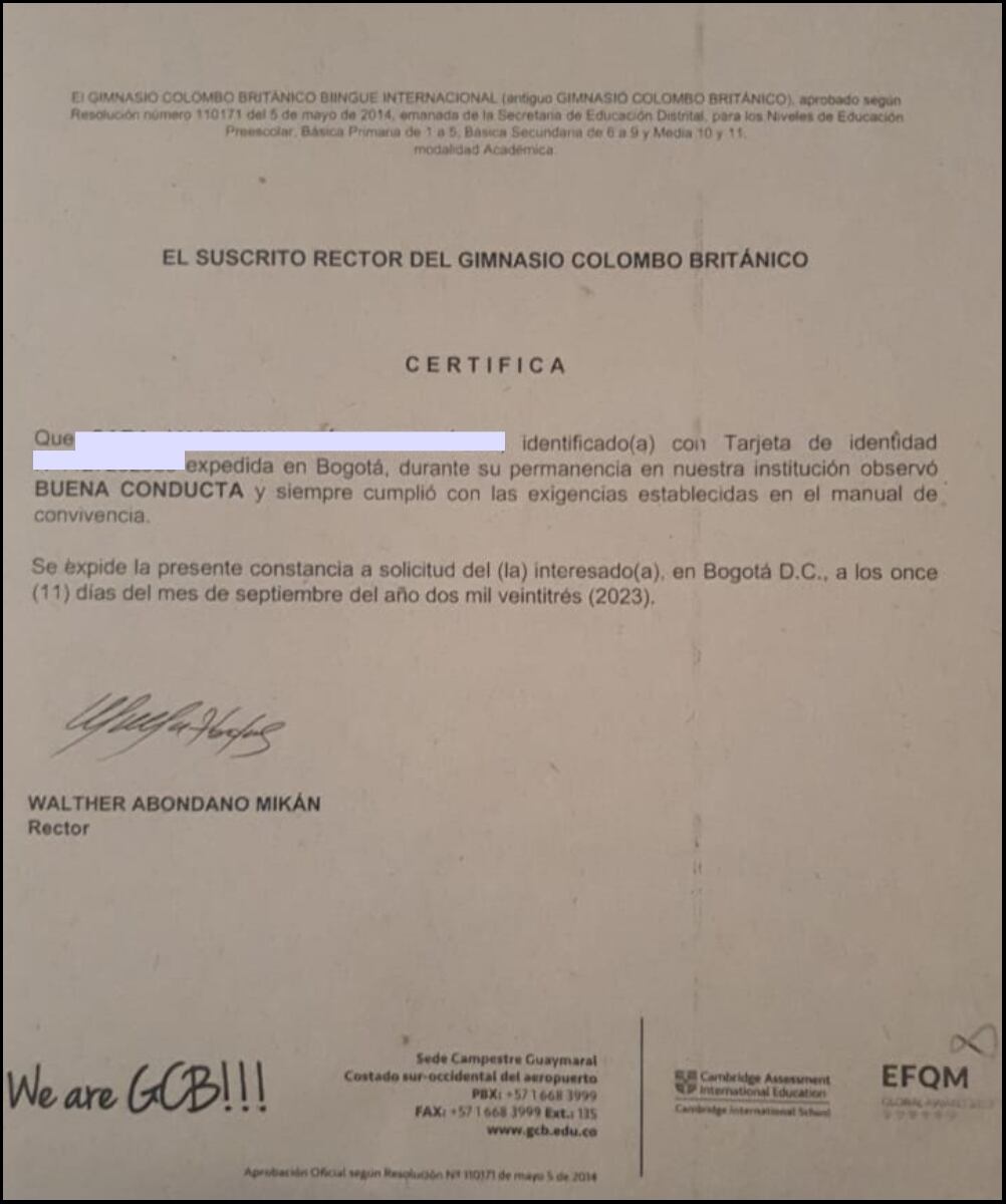 Carta de recomendación del GCB a presunta víctima