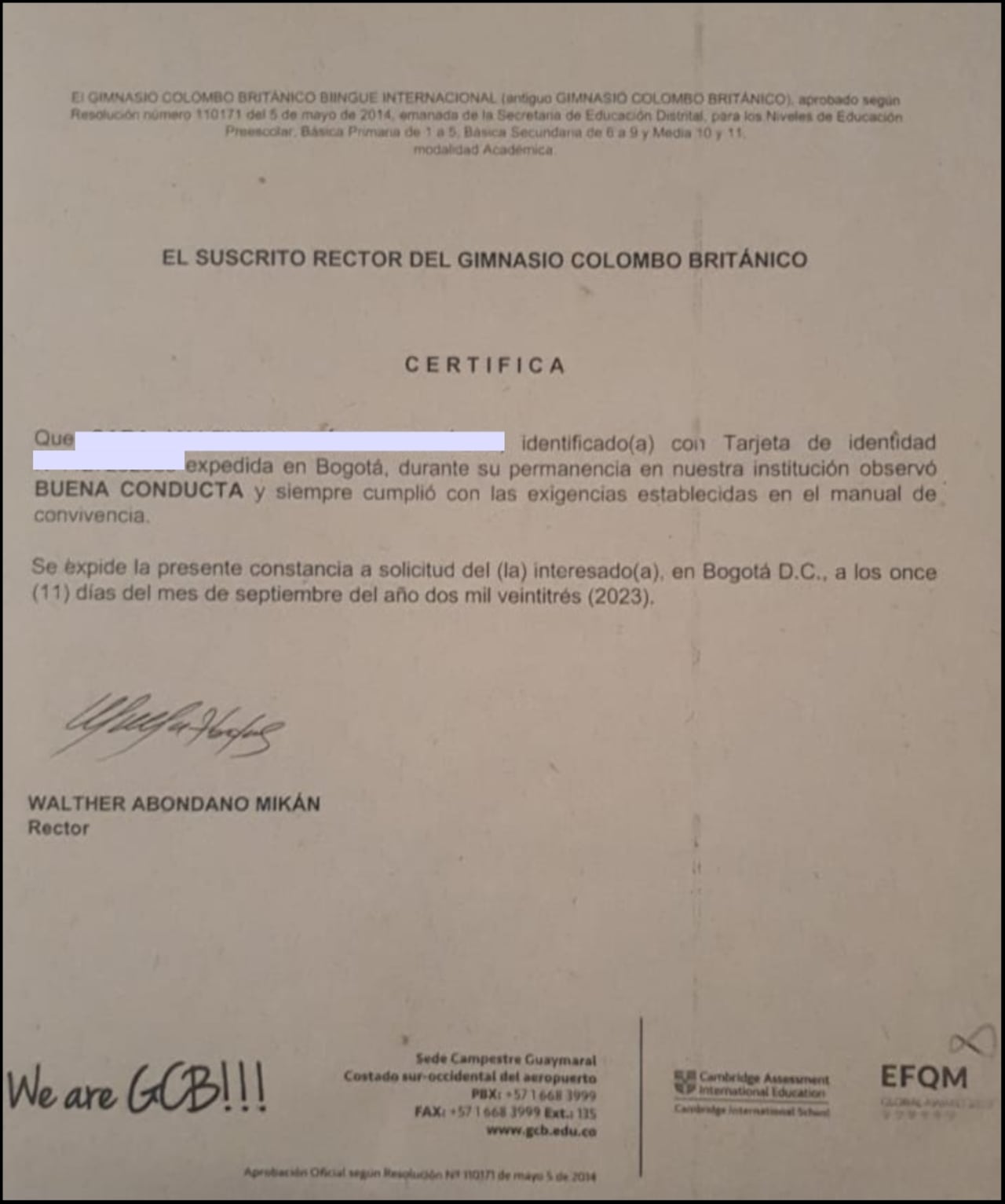 Carta de recomendación del GCB a presunta víctima