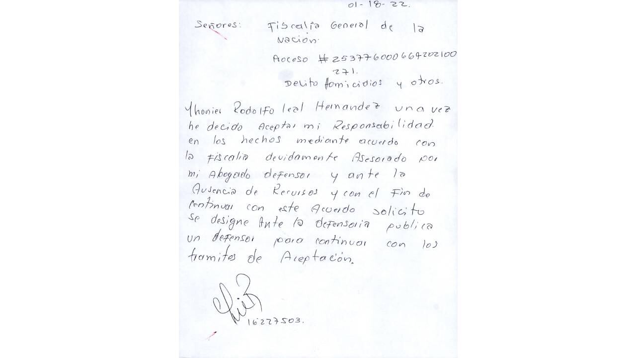 Esta es la prueba que suministró a SEMANA el representante de la familia en el caso de Mauricio Leal para demostrar que Jhonier Leal está mintiendo. Foto: suministrada por el abogado Élmer José Montaña.