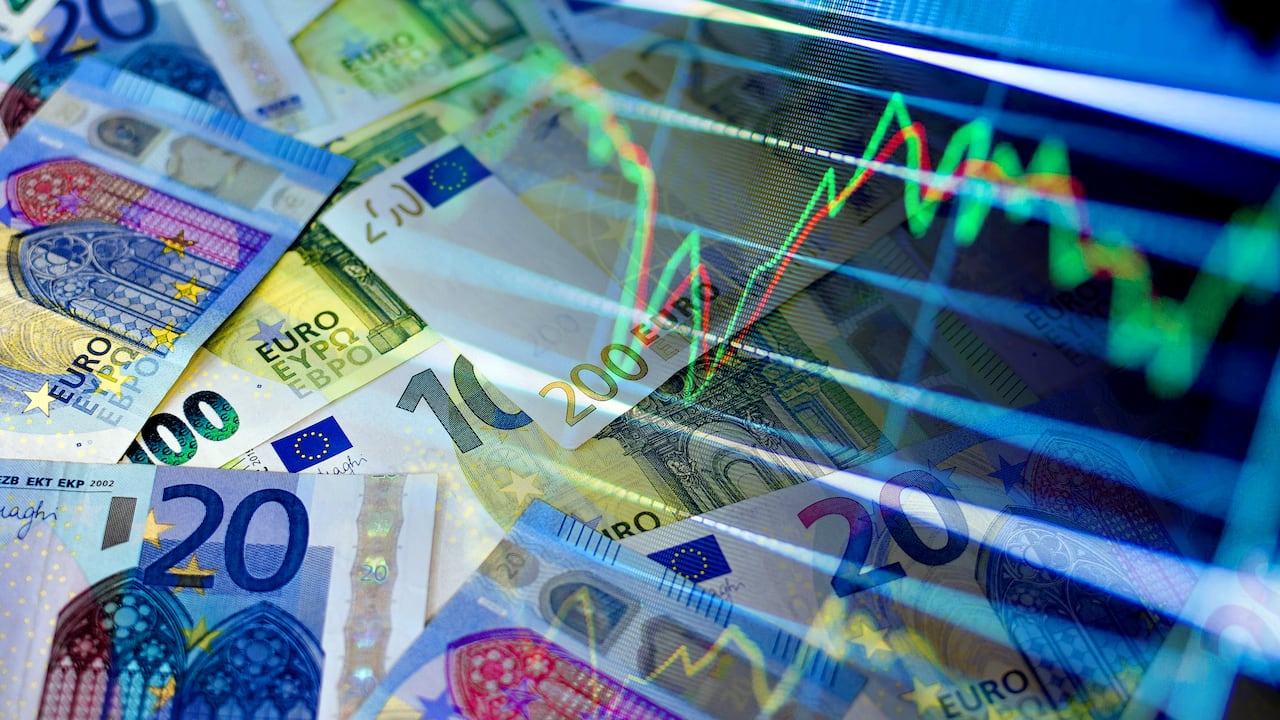 Cash euro bills and stock market indicators (economy, money, business, finance, crisis, success, devaluation, inflation)