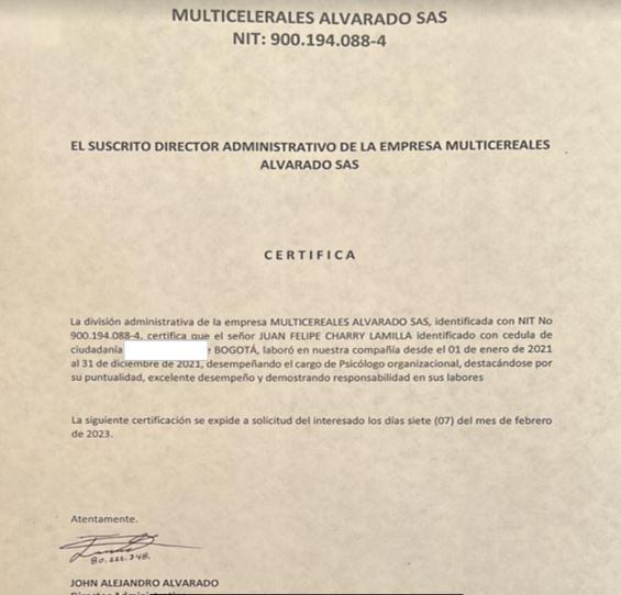 Certificado laboral que anexó Juan Felipe Charry para la firma del segundo contrato.