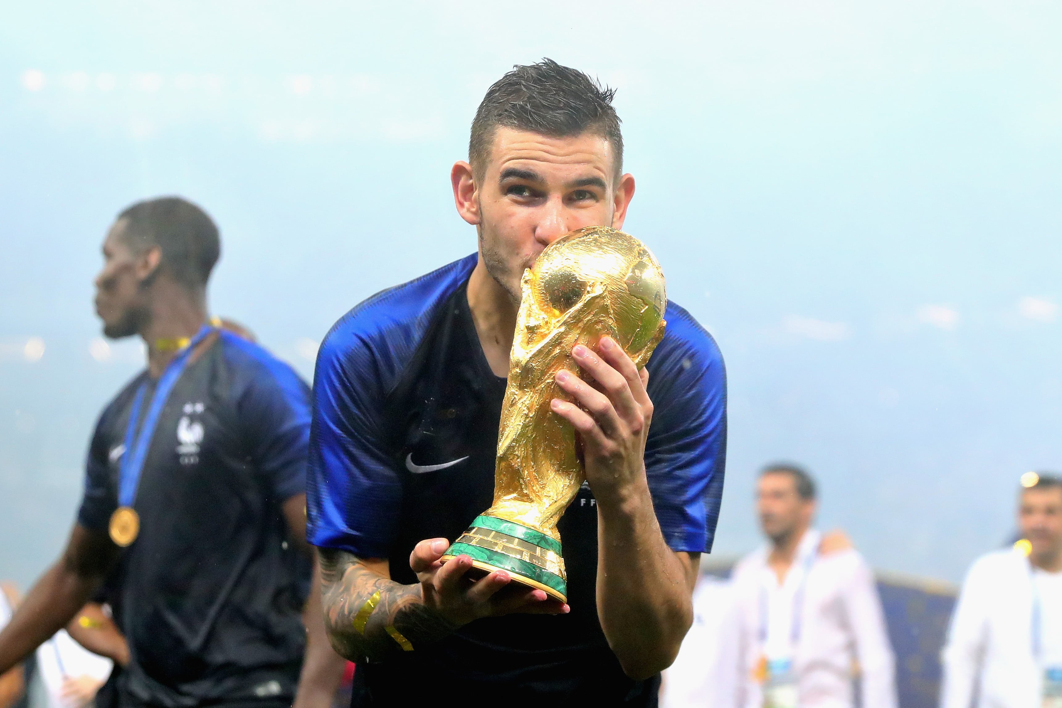MOSCOW, RUSSIA - JULY 15: Lucas Hernandez of France celebrates with the World Cup trophy after the 2018 FIFA World Cup Russia Final between France and Croatia at Luzhniki Stadium on July 15, 2018 in Moscow, Russia.  (Photo by Chris Brunskill/Fantasista/Getty Images)