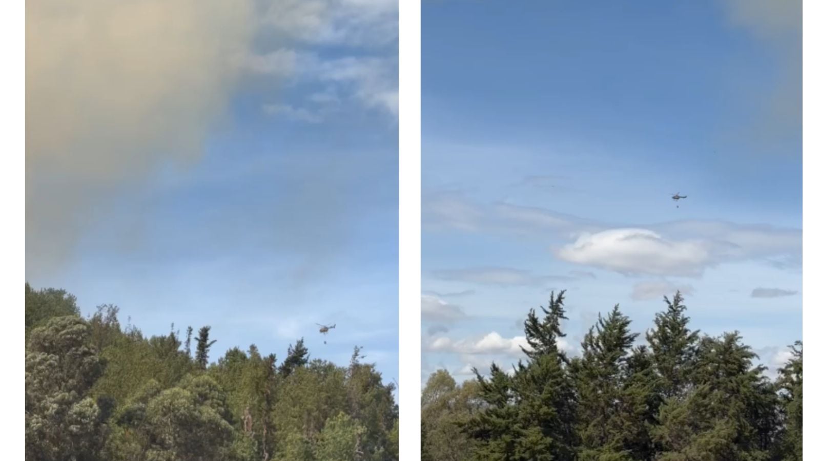 Dos helicópteros apoyan desde el aire las labores de emergencia para controlar el incendio forestal que afecta a Villa de Leyva.