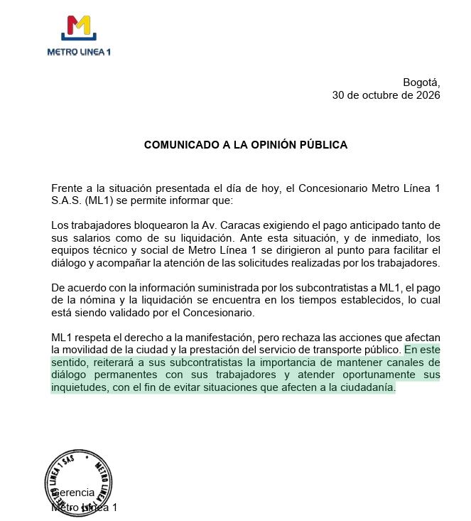 Comunicado de Metro Línea 1.