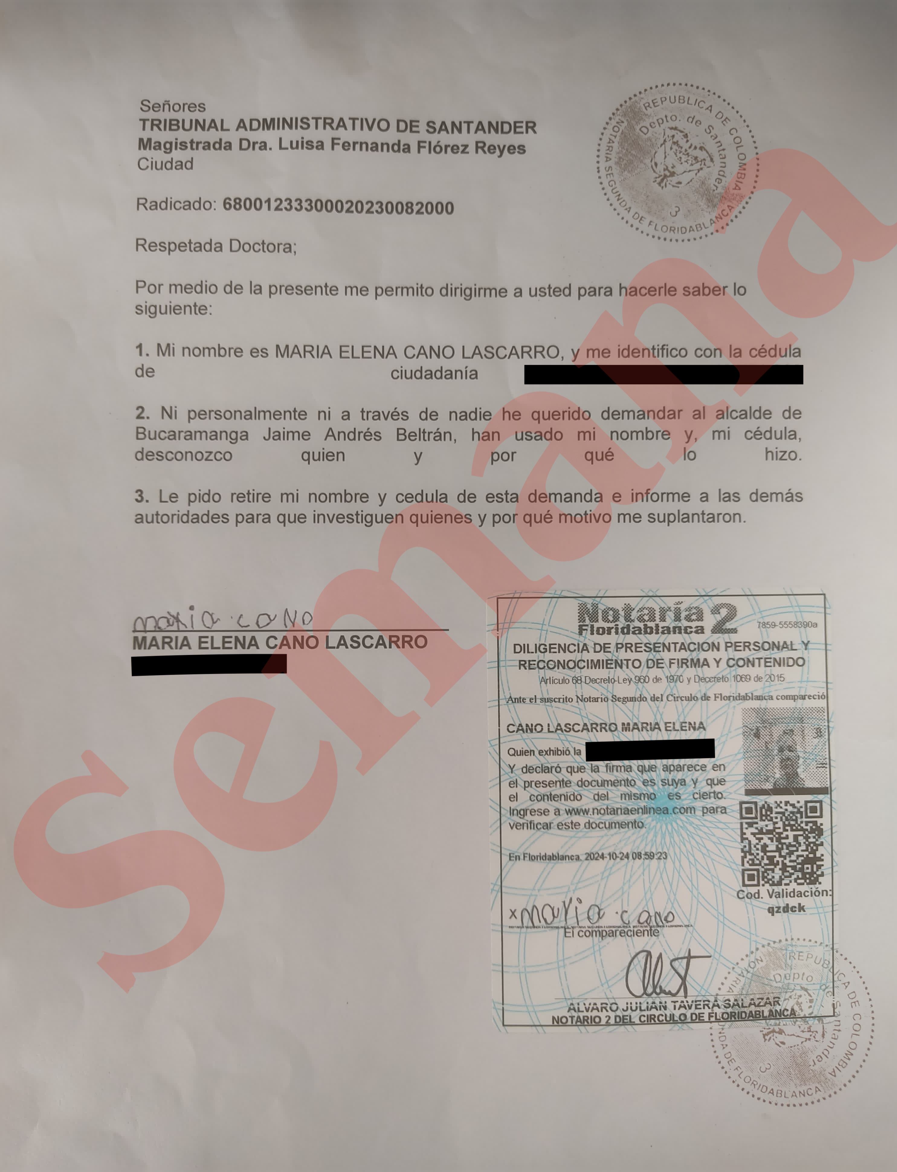 Documento emitido por María Elena Cano Lascarro ante el Tribunal Administrativo de Santander, en el marco del proceso que se adelanta en contra del alcalde Jaime Andrés Beltrán.
