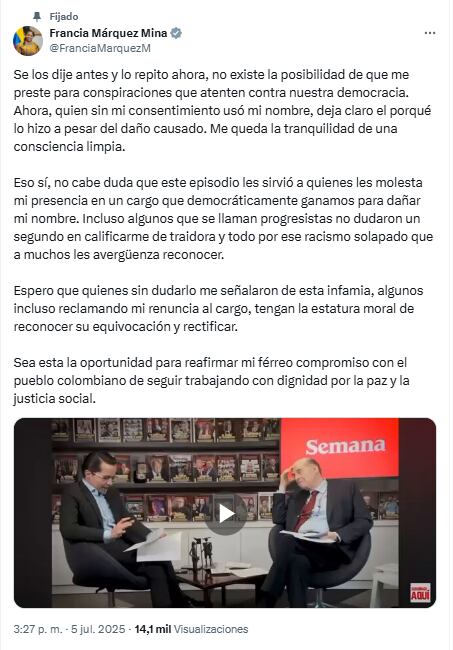 La vicepresidente reaccionó a la entrevista de Álvaro Leyva con SEMANA.