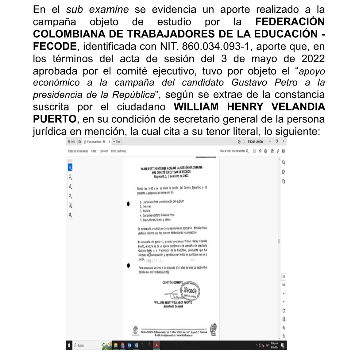 Documento reporte de una donación de Fecode.