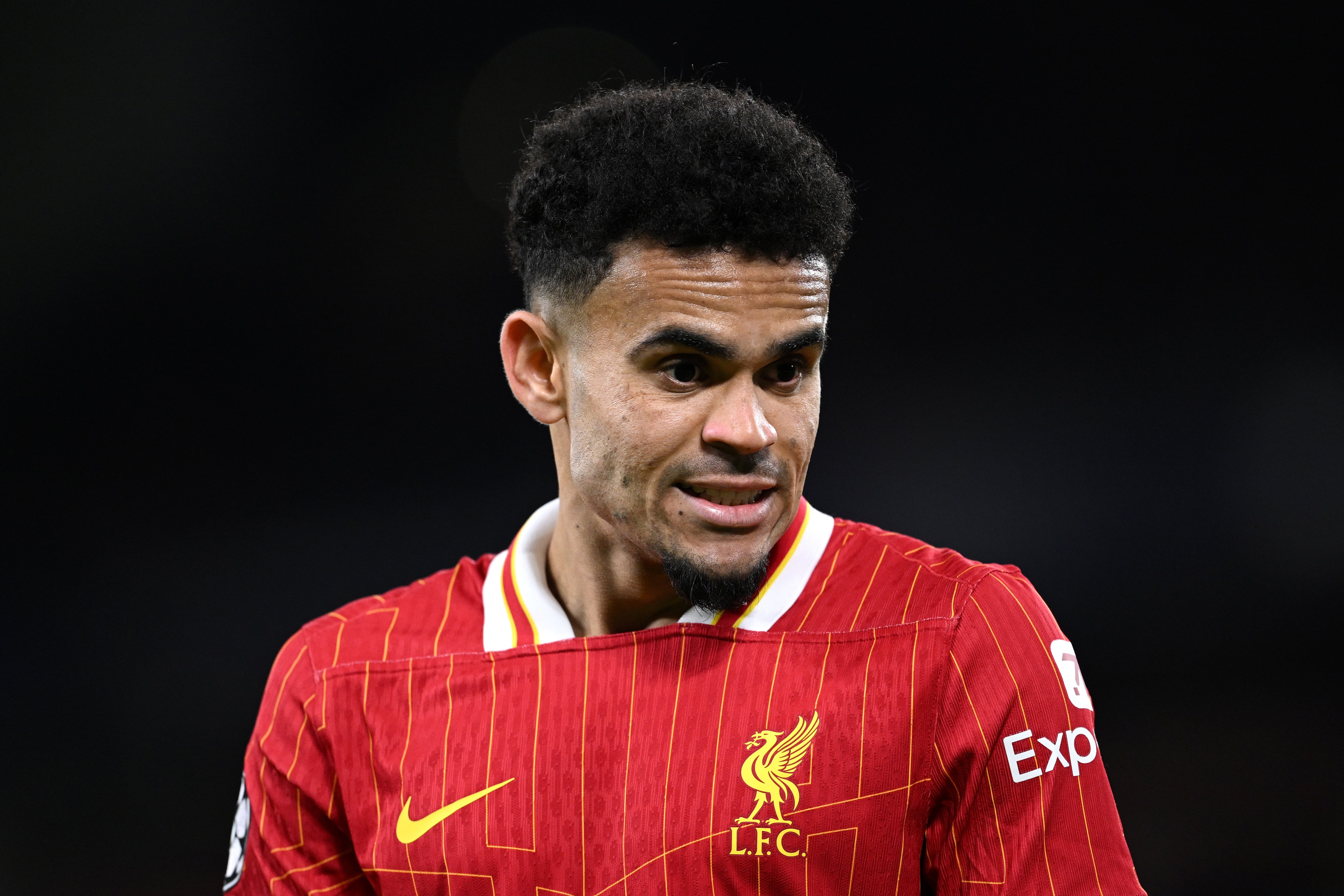 LIVERPOOL, ENGLAND - NOVEMBER 27: Luis Diaz of Liverpool during the UEFA Champions League 2024/25 League Phase MD5 match between Liverpool FC and Real Madrid C.F. at Anfield on November 27, 2024 in Liverpool, England. (Photo by Justin Setterfield/Getty Images)