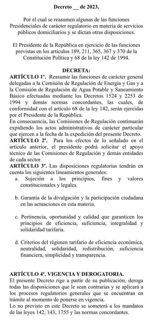 Proyecto de decreto facultades del presidente Petro para controlar las tarifas de servicios públicos