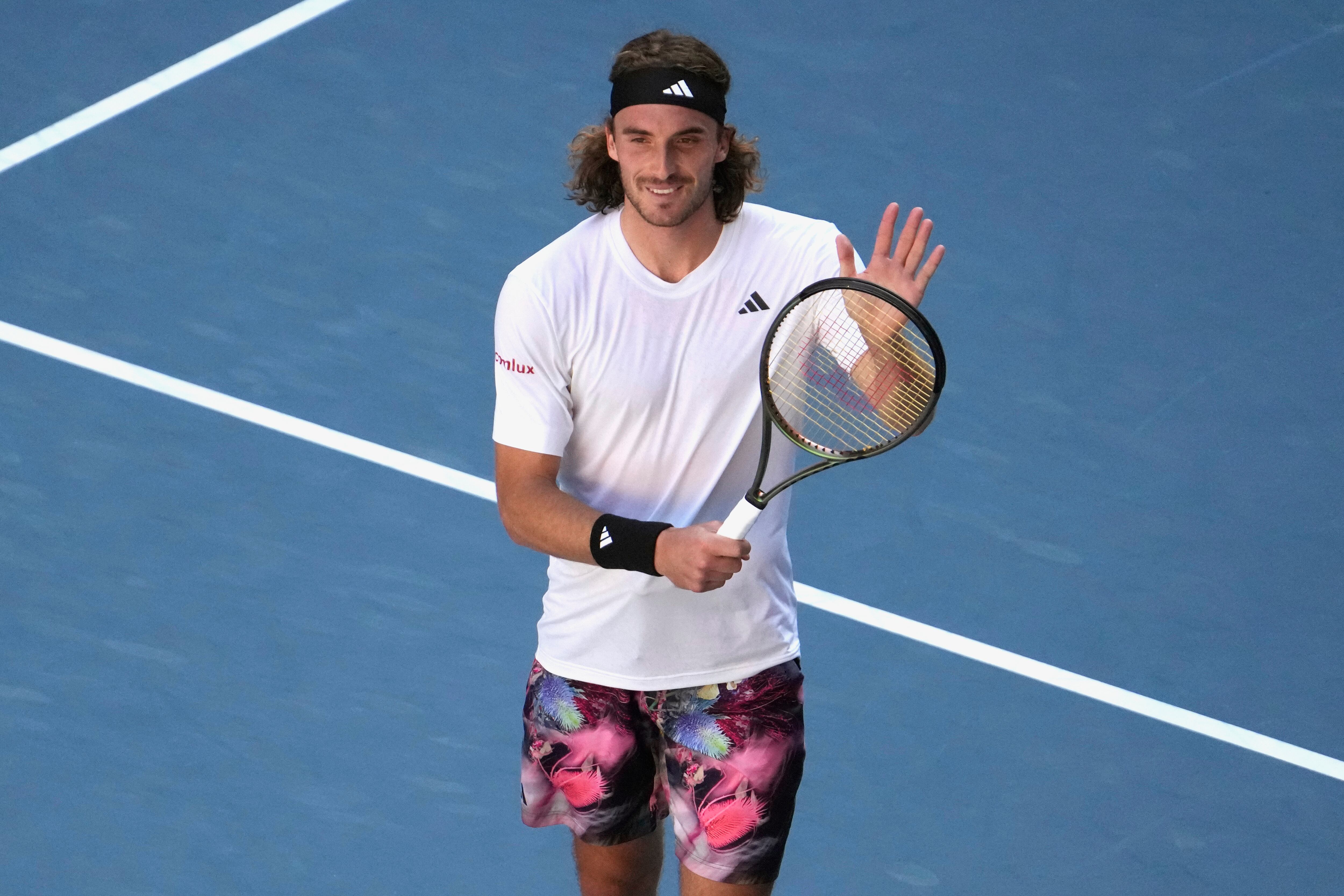 Stefanos Tsitsipas of Greece reacts after defeating Karen Khachanov of Russia in their semifinal at the Australian Open tennis championship in Melbourne, Australia, Friday, Jan. 27, 2023.(AP Photo/Ng Han Guan)