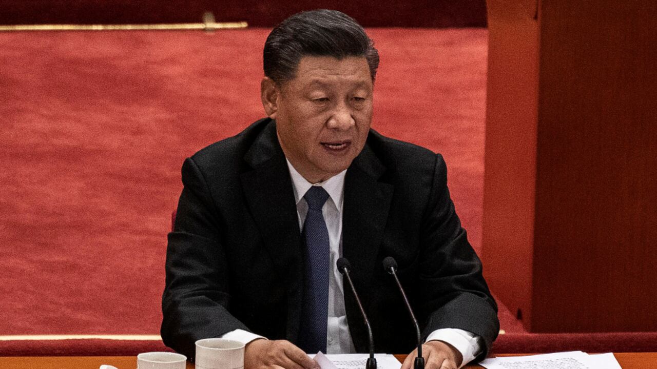 BEIJING, CHINA - OCTOBER 23: Chinese President Xi Jinping speaks at a ceremony marking the 70th anniversary of China's entry into the Korean War, on October 23, 2020 at the Great Hall of the People in Beijing, China. (Photo by Kevin Frayer/Getty Images)