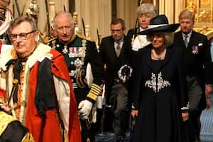 Britain's Prince Charles, second from left, and Camilla, Camilla, Duchess of Cornwall arrive for the State Opening of Parliament in the House of Lords at the Palace of Westminster, in London, Tuesday, May 10, 2022. Britain’s Parliament is opening a new year-long session with Prime Minister Boris Johnson trying to re-energize his scandal-tarnished administration and address the U.K.’s worsening cost-of-living crisis. (Aaron Chown/Pool Photo via AP)