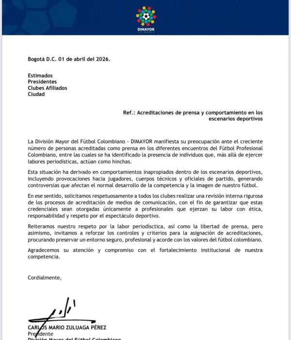 Carta de Dimayor sobre acreditaciones a periodistas partidarios de clubes en el FPC.