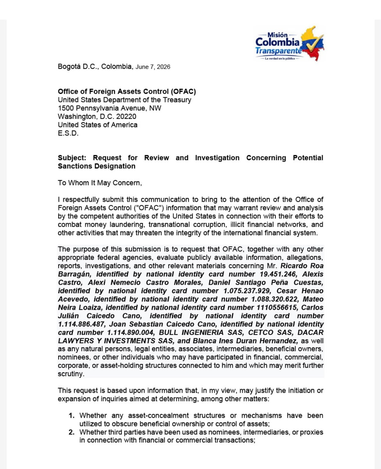 Este es el documento en contra de Ricardo Roa, hoy en manos de EE.UU.
