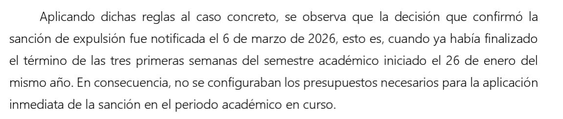 La tutela que le dio la razón a Diego Alejandro Rivera deja claro que el motivo por el cual sigue matriculado fue la tardanza de la universidad en tomar la decisión.
