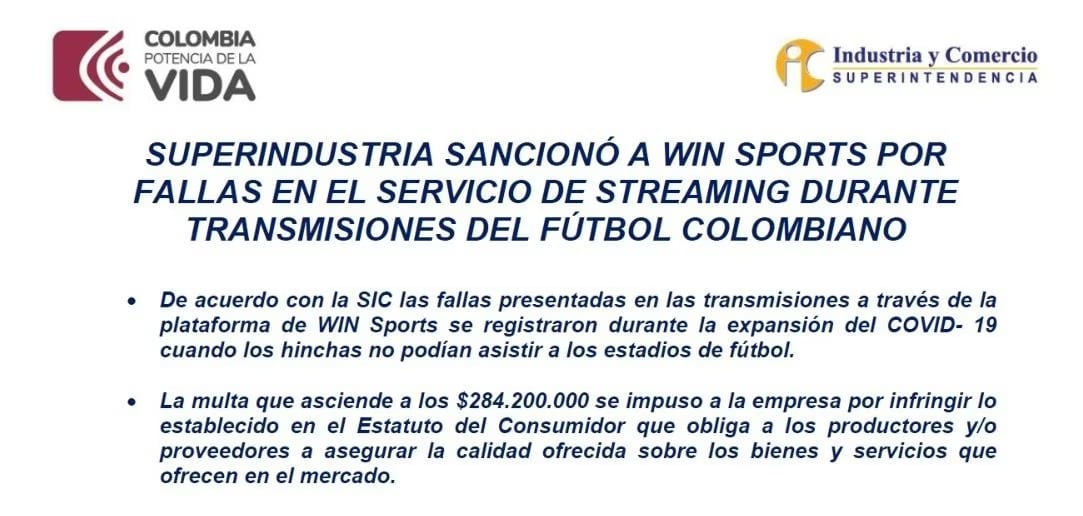 SIC Super sancionó a Win Sports.