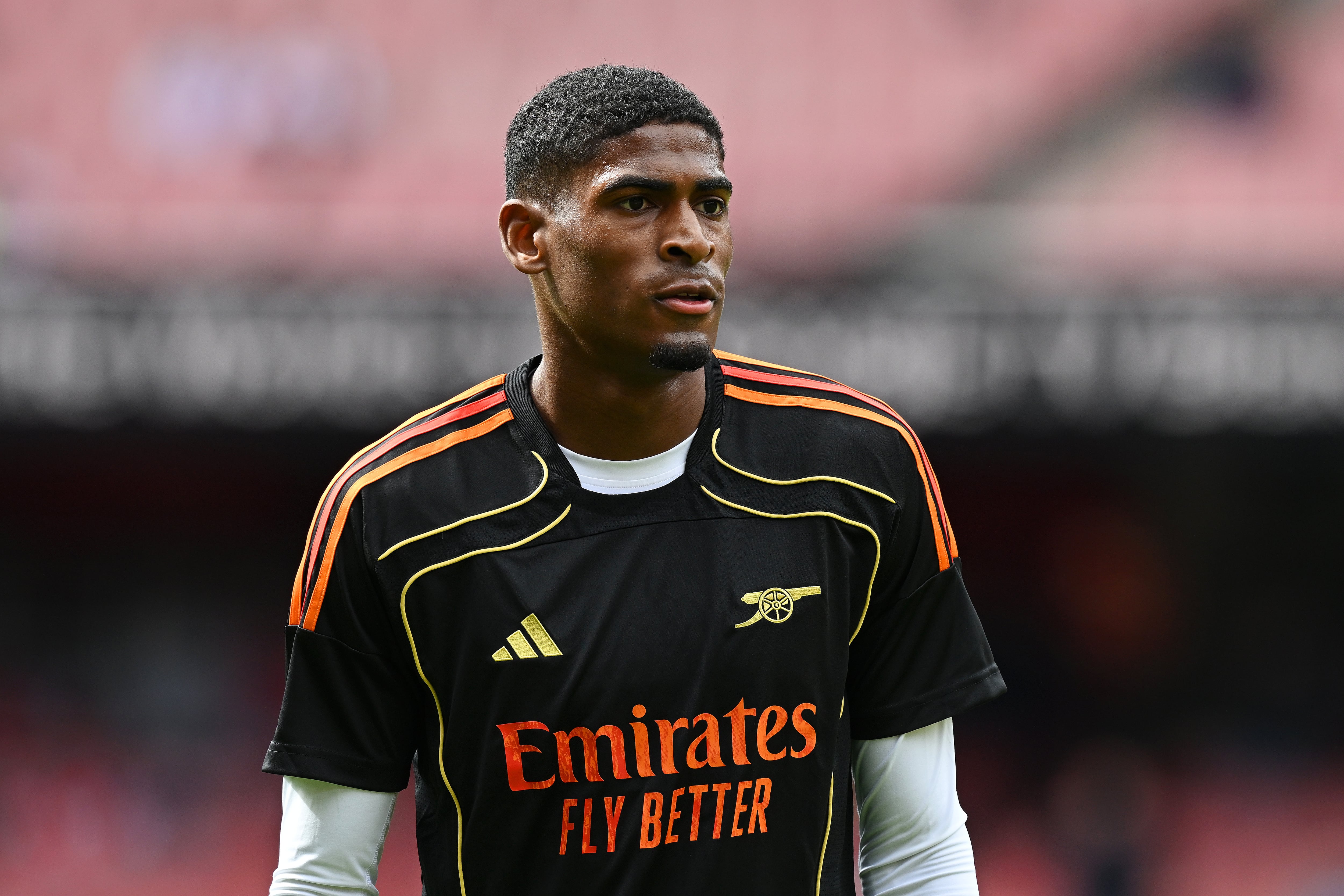 LONDON, ENGLAND - SEPTEMBER 13: Cristhian Mosquera of Arsenal looks on during the warm up prior to the Premier League match between Arsenal and Nottingham Forest at Emirates Stadium on September 13, 2025 in London, England. (Photo by David Price/Arsenal FC via Getty Images)