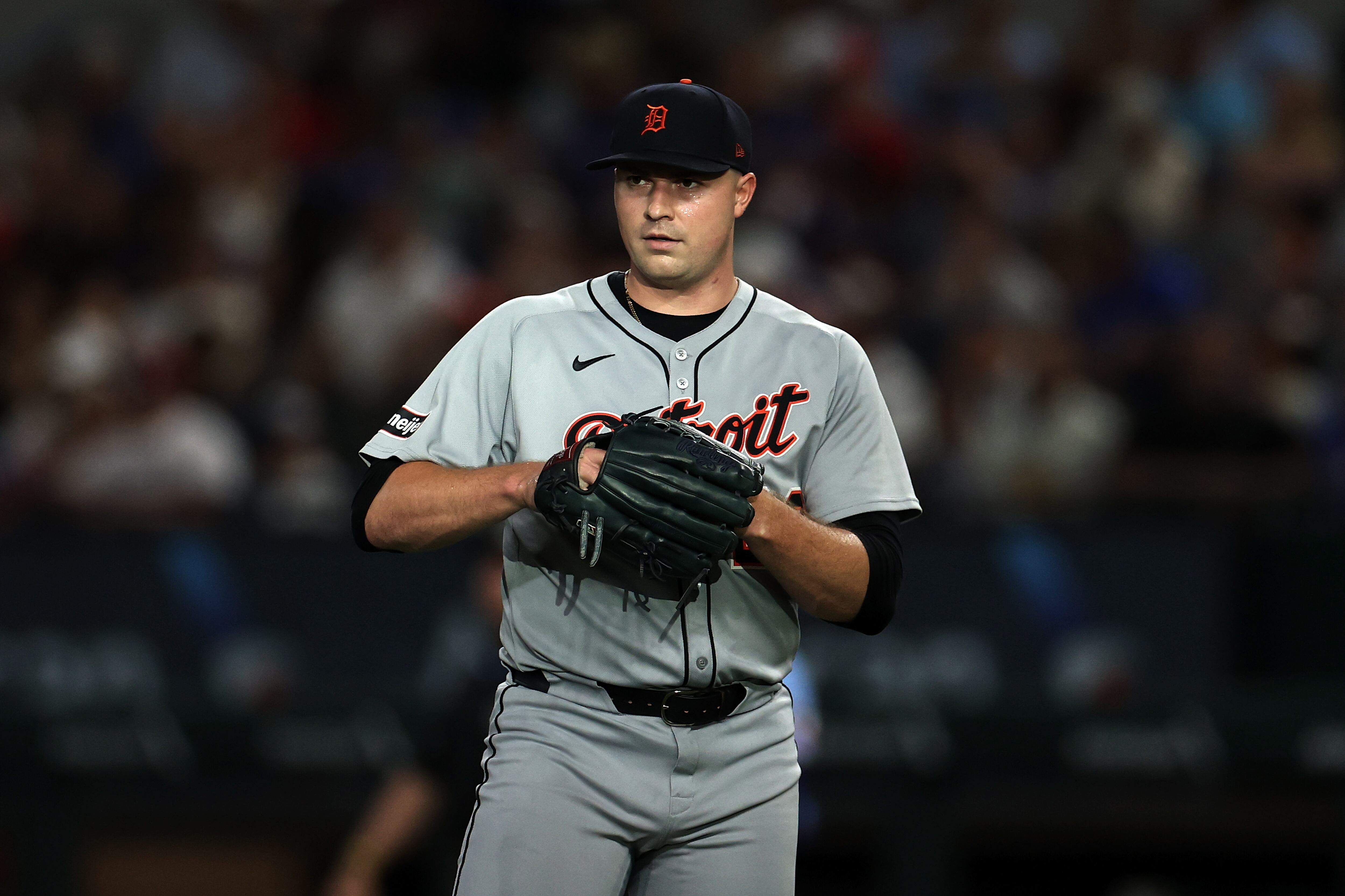 ARLINGTON, TEXAS - JULY 20: Tarik Skubal #29 of the Detroit Tigers watches action during the fifth inning against the Texas Rangers at Globe Life Field on July 20, 2025 in Arlington, Texas. (Photo by Stacy Revere/Getty Images)
