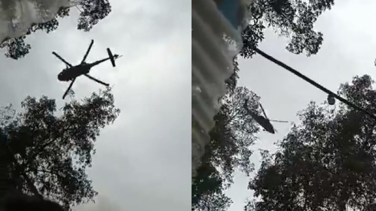 El pasado sábado 20 de noviembre un helicóptero adscrito a la segunda división del Ejército sobrevoló sobre las carpas de un picnic que se realizaba en Ruitoque bajo en Floridablanca, Santander, asustando a los asistentes cuando notaron lo bajito que estaba volando. Foto: patallazo video Twitter @MariasRodriguez