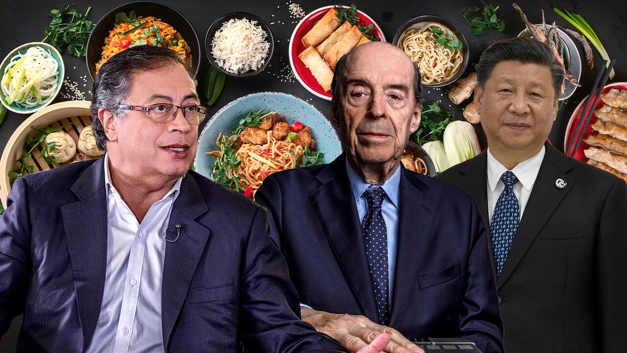 Gustavo Petro, presidente de Colombia; Álvaro Leyva, excanciller de Colombia, y Xi Jinping, mandatario chino.