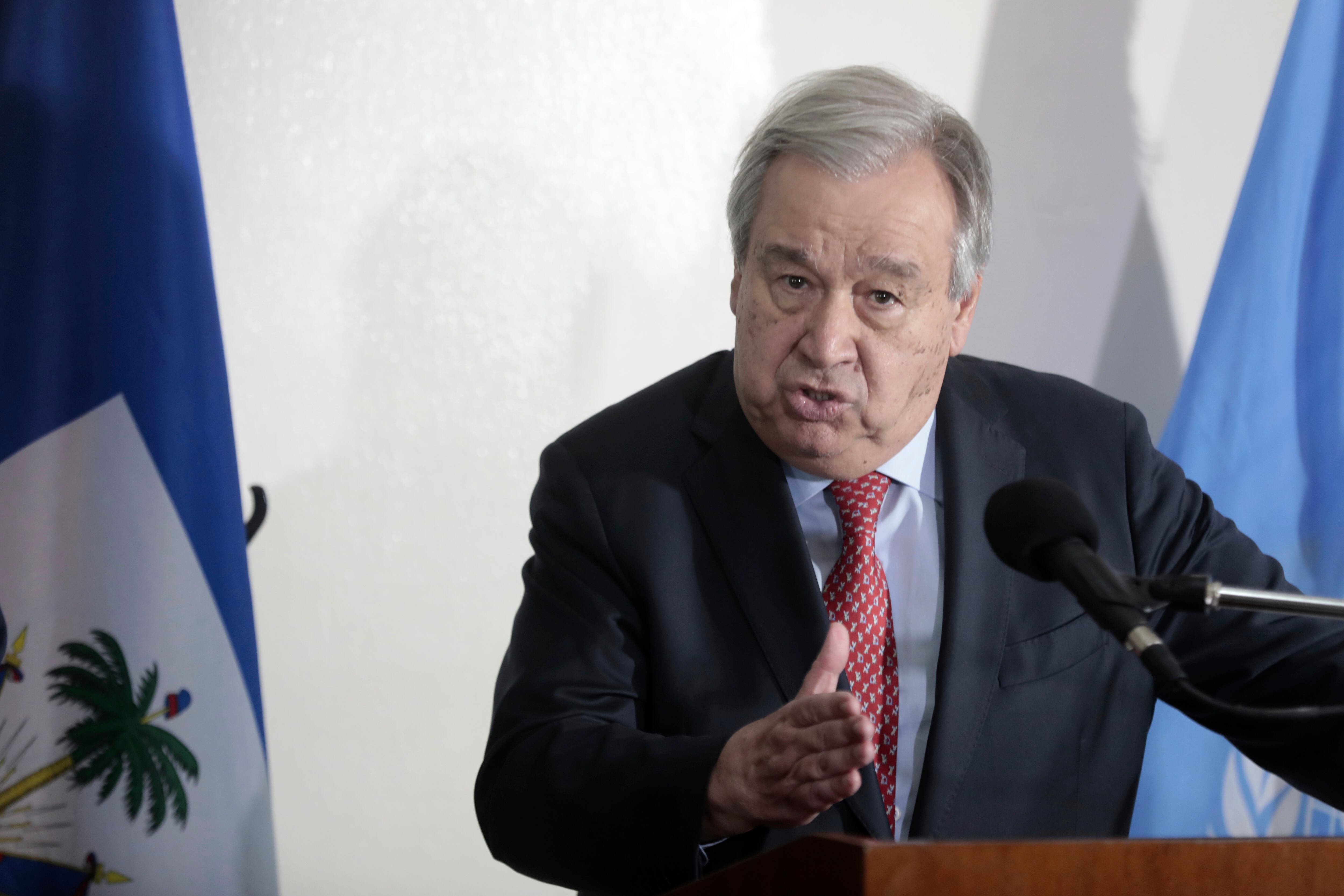 El secretario general de la ONU, Antonio Guterres, durante una conferencia de prensa en Puerto Príncipe, Haití, el 1 de julio de 2023. (Foto AP/Odelyn Joseph)