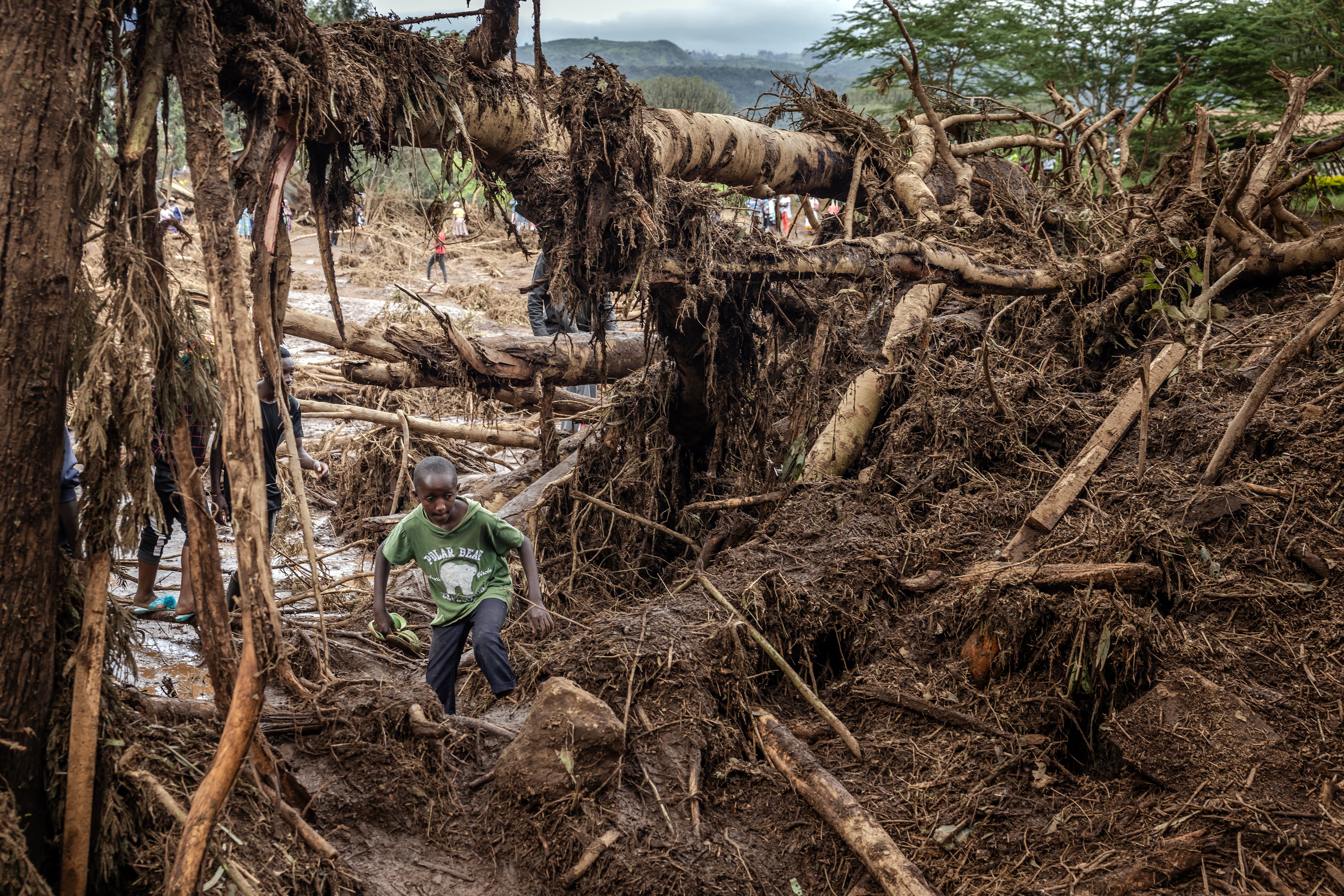 Un niño camina entre árboles destruidos y tierras dañadas en una zona muy afectada por lluvias torrenciales e inundaciones repentinas en Mai Mahiu, el 29 de abril de 2024