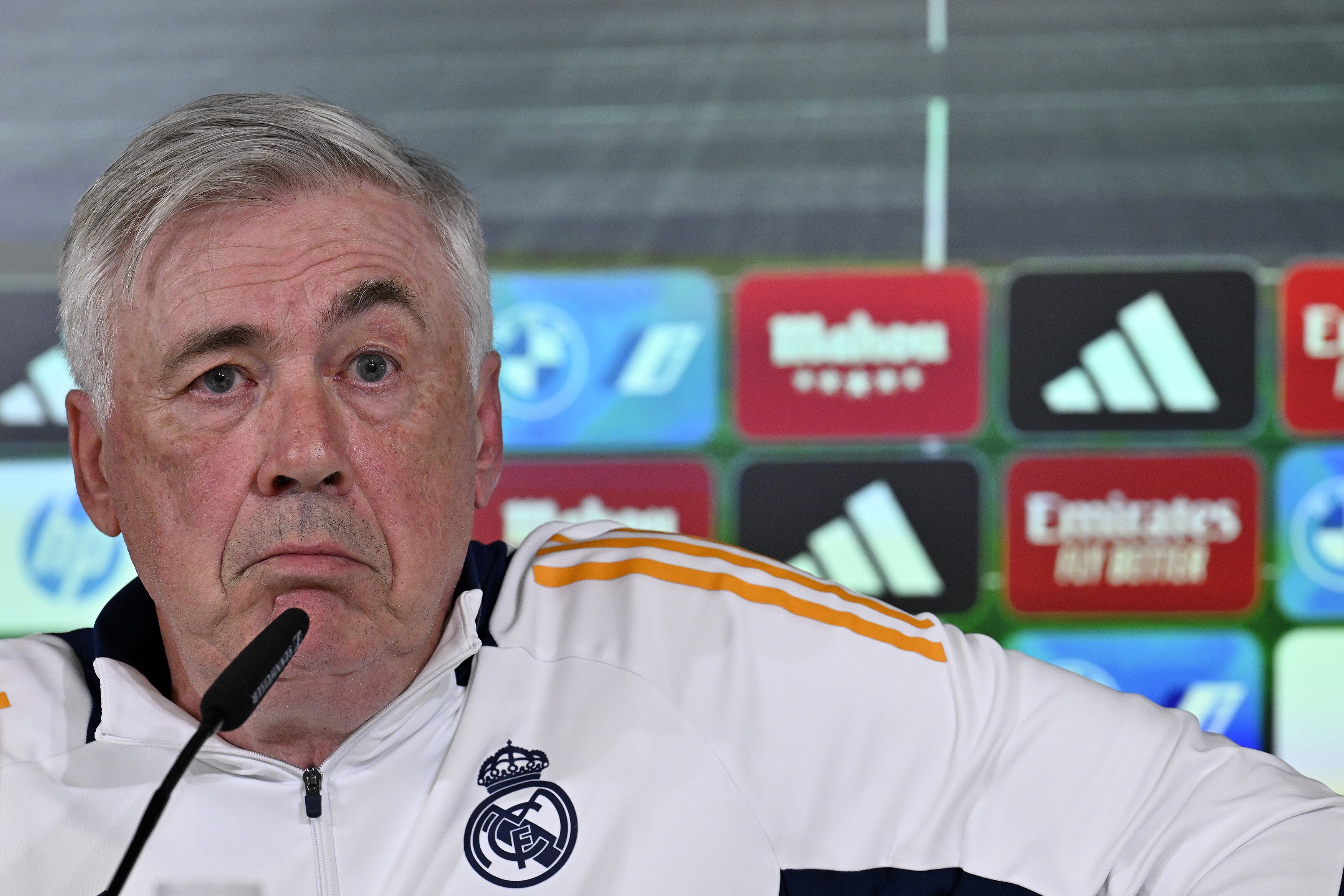 MADRID, SPAIN - MAY 13: Head coach Carlo Ancelotti of Real Madrid holds a news conference after the training session at the club's Valdebebas facility as the team prepares for their La Liga Week 36 clash against Mallorca, on May 13, 2025 in Madrid, Spain. (Photo by Burak Akbulut/Anadolu via Getty Images)