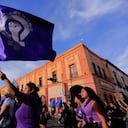 QUERETARO, MEXICO - 2024/03/08: A woman waves a flag during the International Women's Day march. Women from Querétaro celebrated International Women's Day with a march that concluded in the Plaza de la Constitución, where they called for an end to violence and demanded respect for their rights. (Photo by Cesar Gomez/SOPA Images/LightRocket via Getty Images)