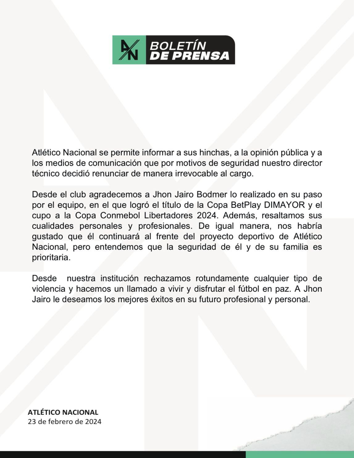 Comunicado de Atlético Nacional sobre la salida de Jhon Jairo Bodmer