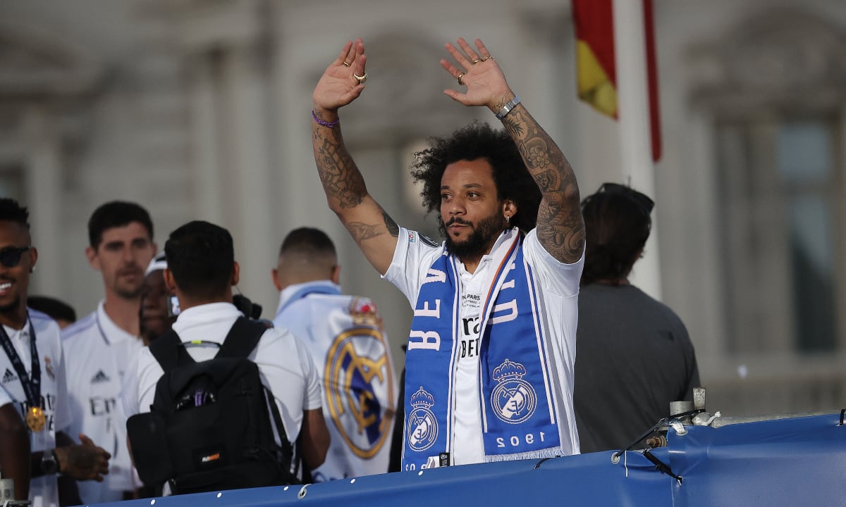 MADRID, SPAIN - MAY 29: Marcelo Vieira of Real Madrid is seen as Real Madrid team arrives by bus to the traditional celebration at Cibeles, where thousands of fans celebrate the 14th UEFA Champions League victory in Real Madrid's history after beating Liverpool 1-0 in the final in Paris, in Madrid, Spain on May 29, 2022. (Photo by Getty Images/Burak Akbulut/Anadolu Agency)