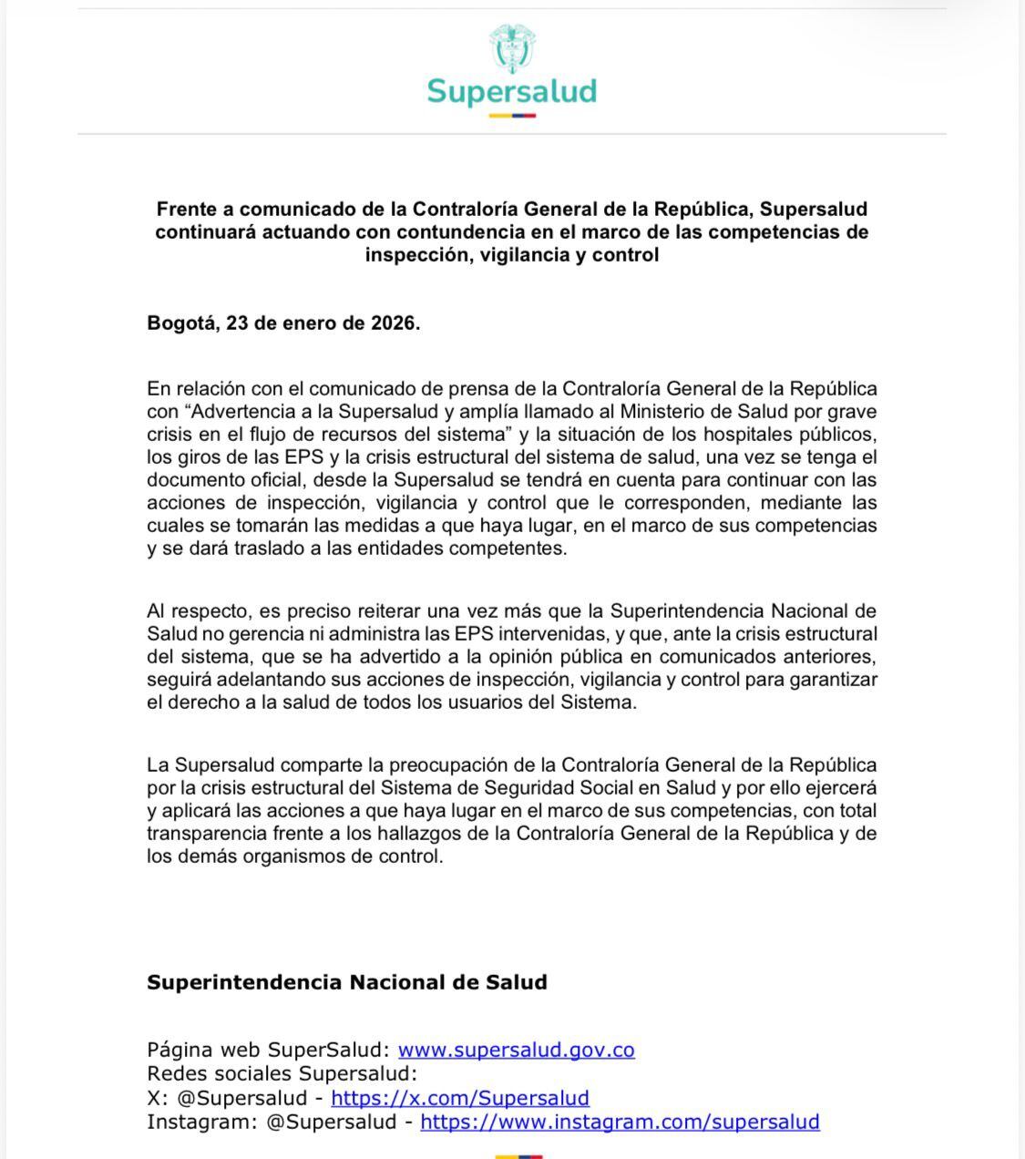 Supersalud se refirió al llamado realizado por la Contraloría General.