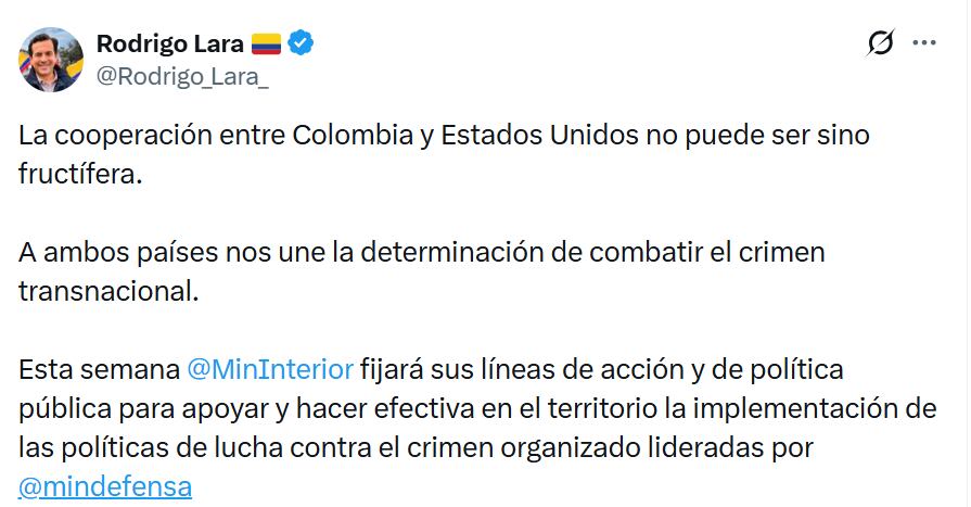 El ministro del Interior, Rodrigo Lara, publicó un mensaje en sus redes sociales.