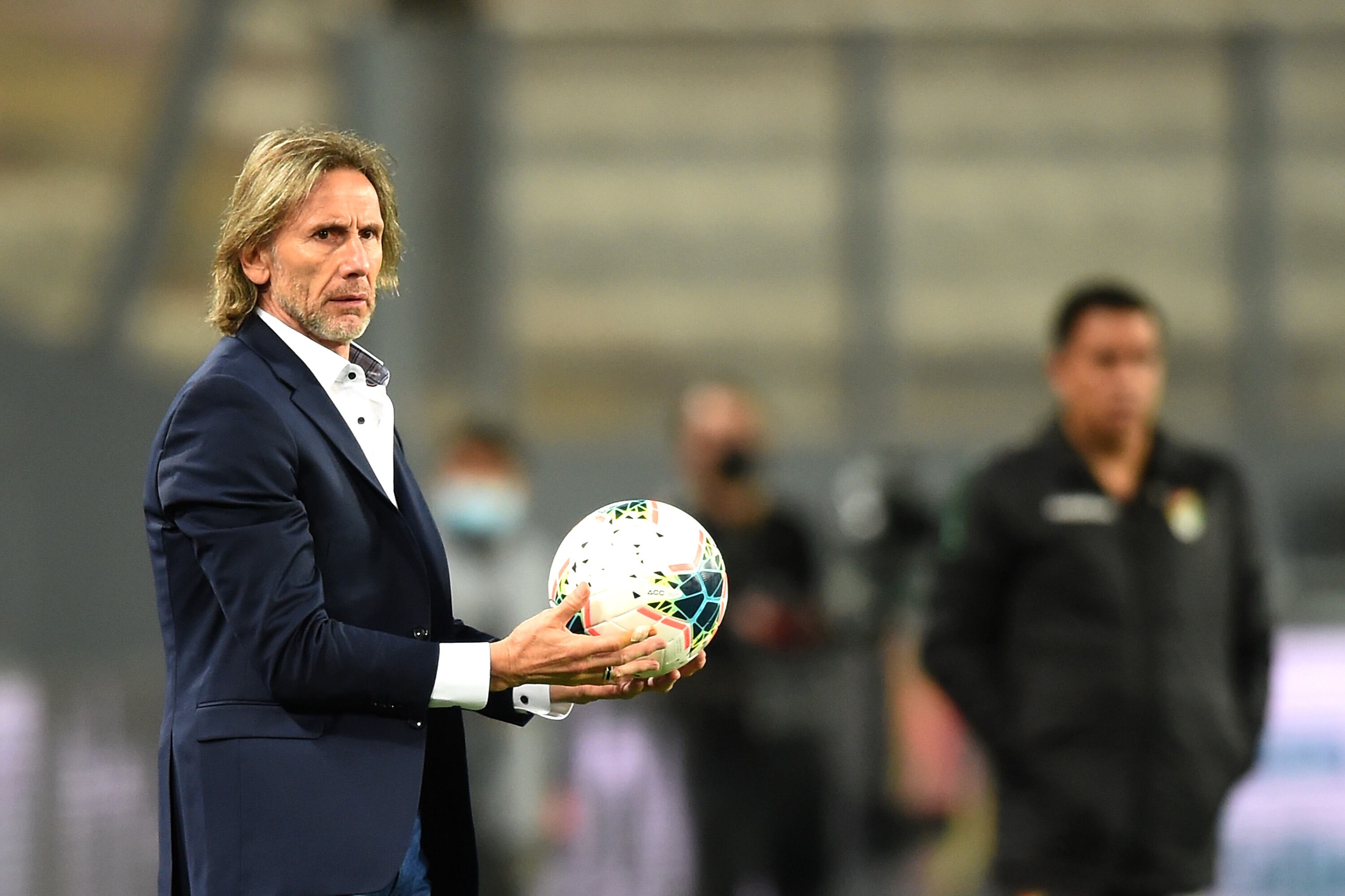 LIMA, PERU - NOVEMBER 11: Ricardo Gareca coach of Peru looks on during a match between Peru and Bolivia as part of FIFA World Cup Qatar 2022 Qualifiers at Estadio Nacional de Lima on November 11, 2021 in Lima, Peru. (Photo by Ernesto Benavides - Pool/Getty Images)