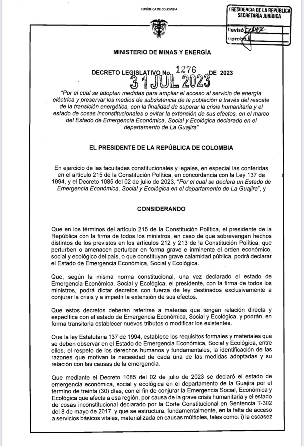 Decreto tarifa de energía