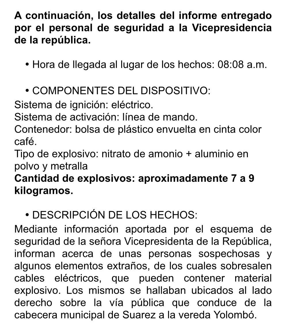 El informe sobre el intento de atentado contra la vicepresidenta Francia Márquez.
