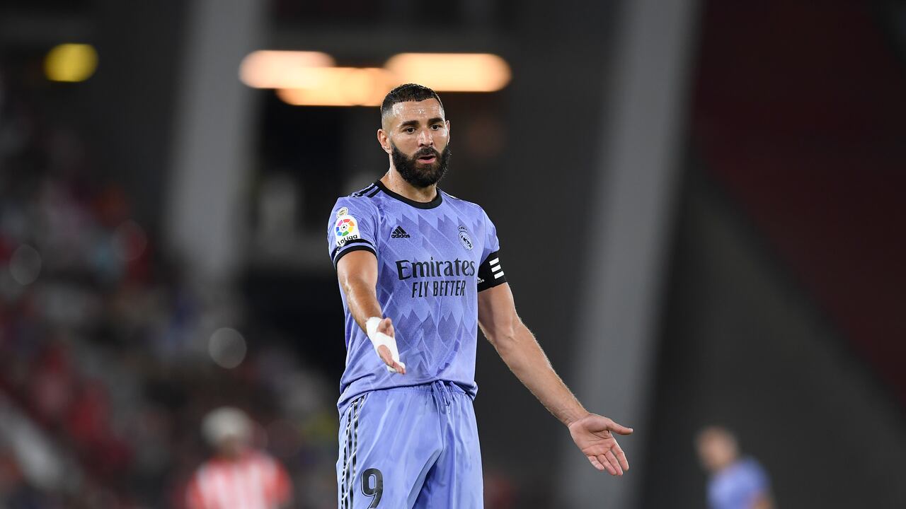 Real Madrid's Karim Benzema reacts during a Spanish La Liga soccer match between Almeria and Real Madrid at the Power Horse stadium in Almeria, Spain, Sunday, Aug. 14, 2022. (AP Photo/Jose Breton)